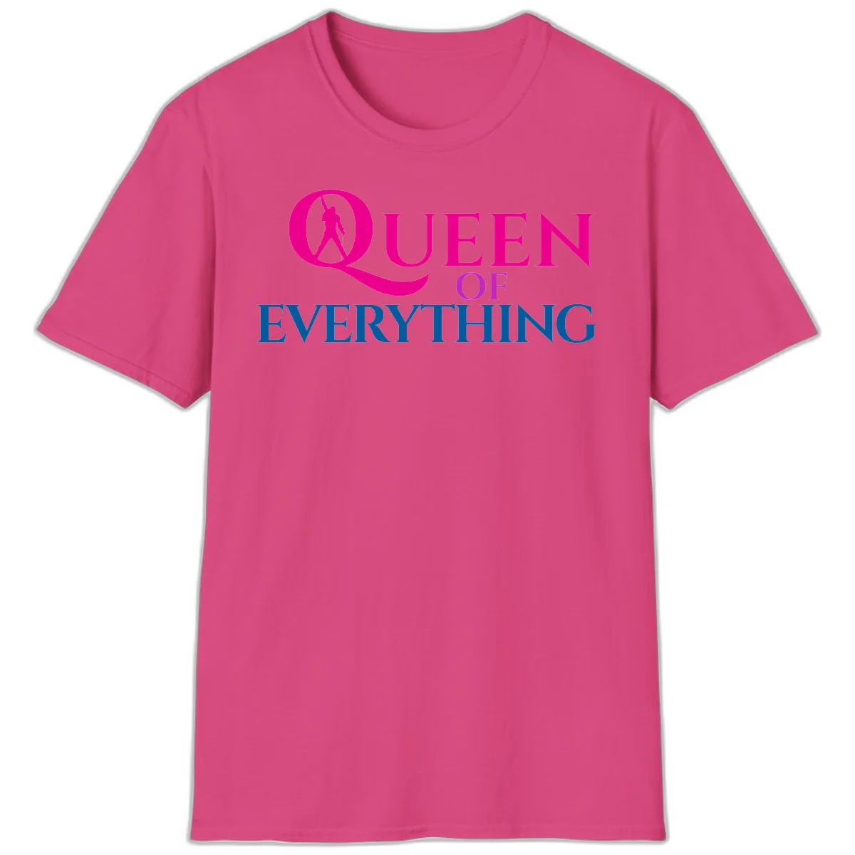 Queen of Everything design: magenta silhouette of crowned woman in oversized Q with pink and blue bold text on gray background in Heliconia