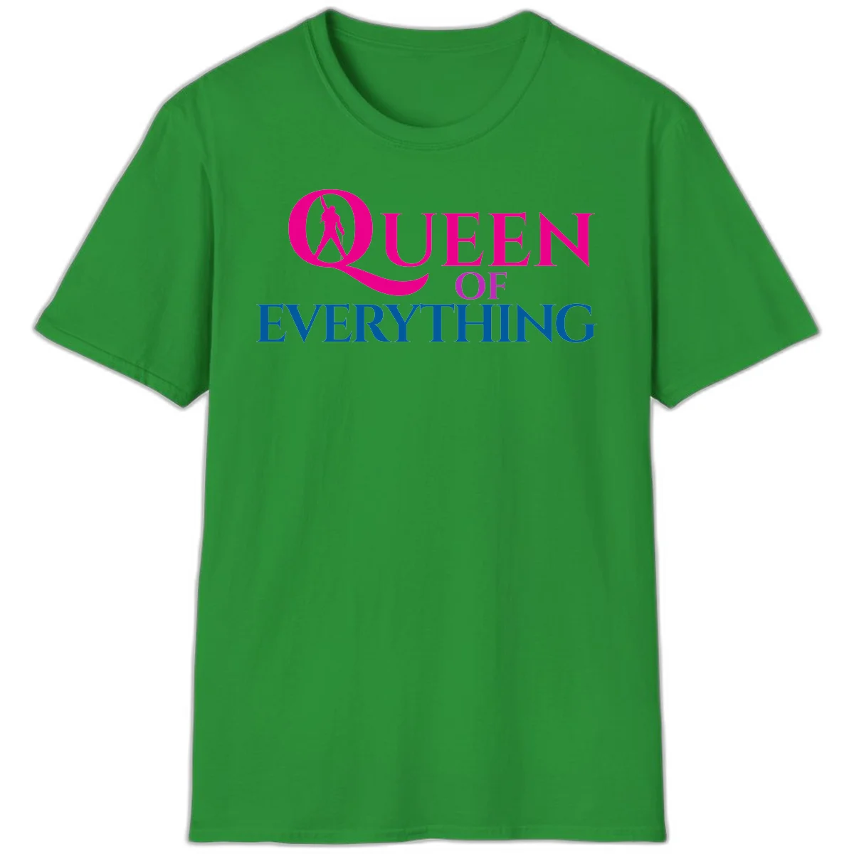 Queen of Everything design: magenta silhouette of crowned woman in oversized Q with pink and blue bold text on gray background in Irish Green