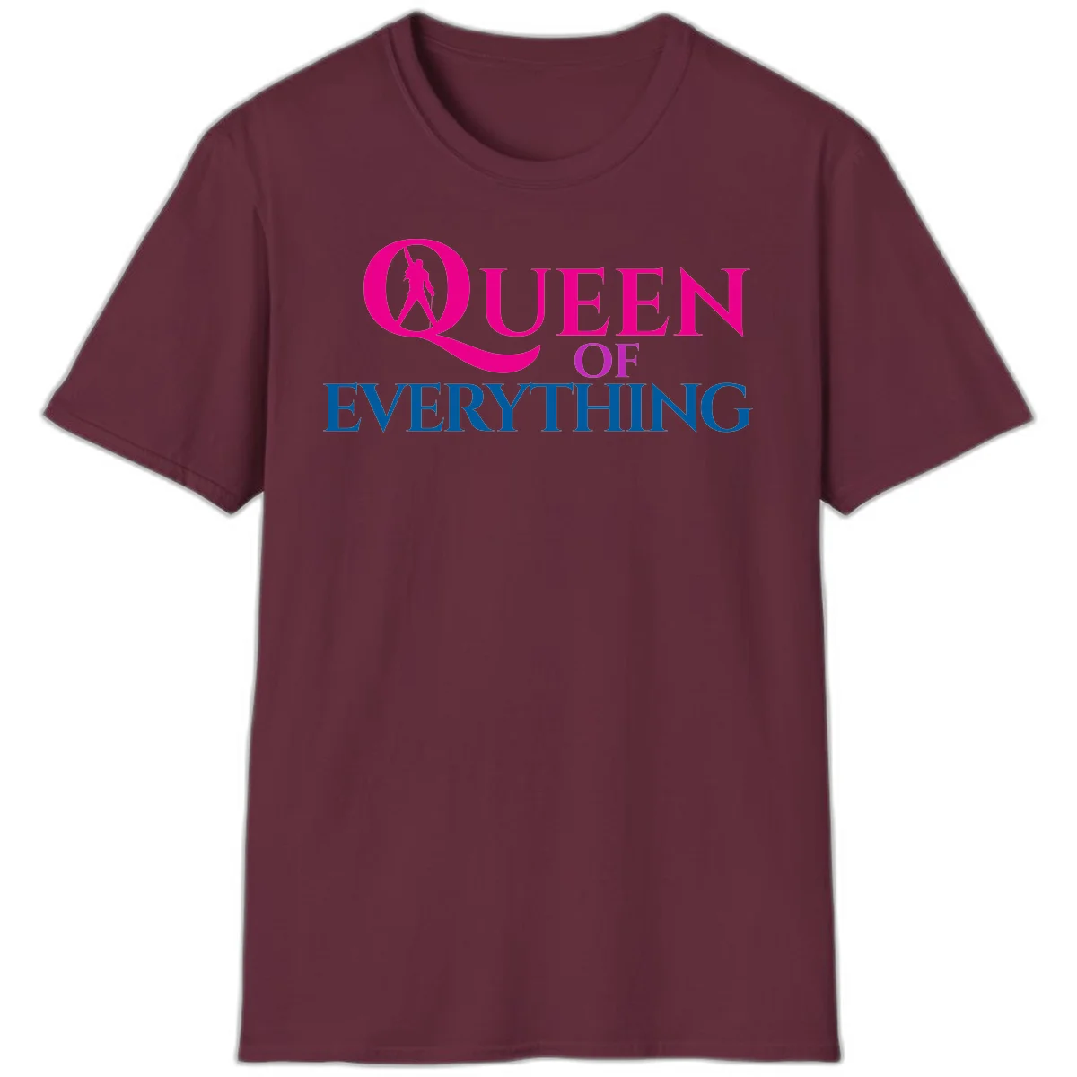 Queen of Everything design: magenta silhouette of crowned woman in oversized Q with pink and blue bold text on gray background in Maroon