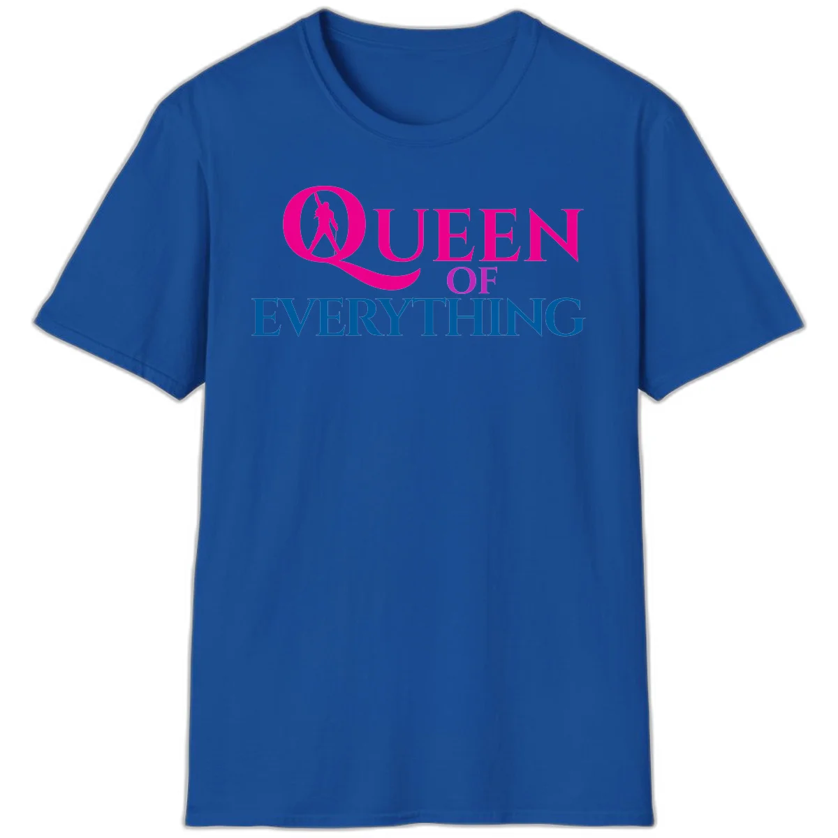 Queen of Everything design: magenta silhouette of crowned woman in oversized Q with pink and blue bold text on gray background in Royal