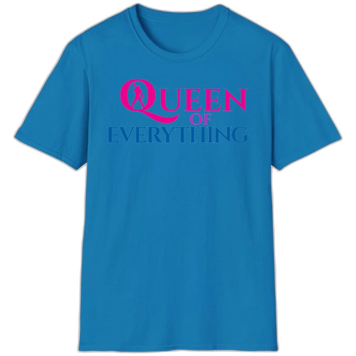 Queen of Everything design: magenta silhouette of crowned woman in oversized Q with pink and blue bold text on gray background in Sapphire
