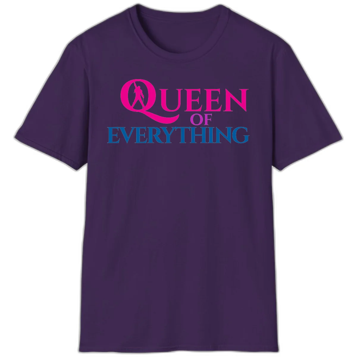 Queen of Everything design: magenta silhouette of crowned woman in oversized Q with pink and blue bold text on gray background in Purple