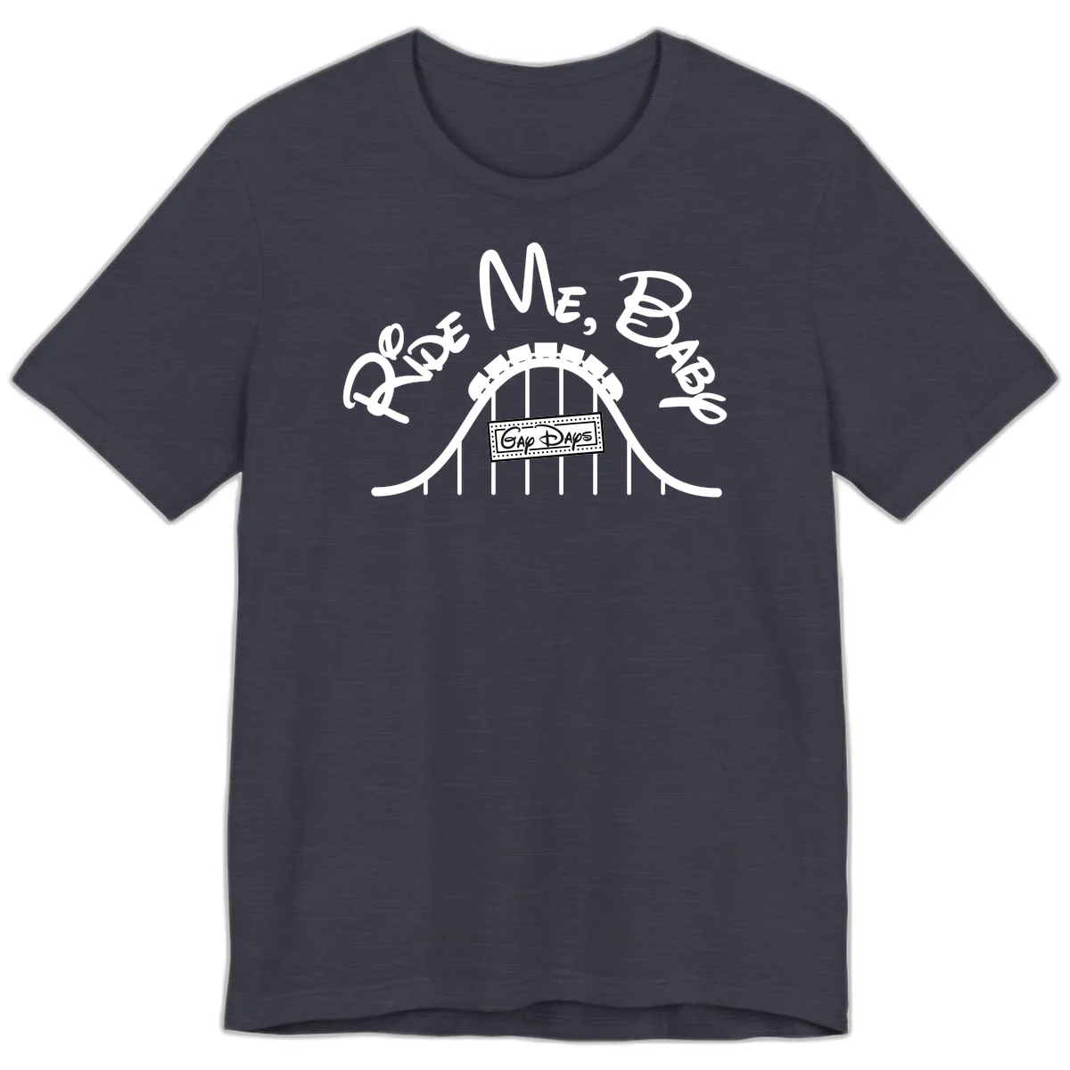 Nautical ship wheel design with 'Once More Into The Gap Days' text and wavy water elements for adventure-themed apparel in Heather Midnight Navy