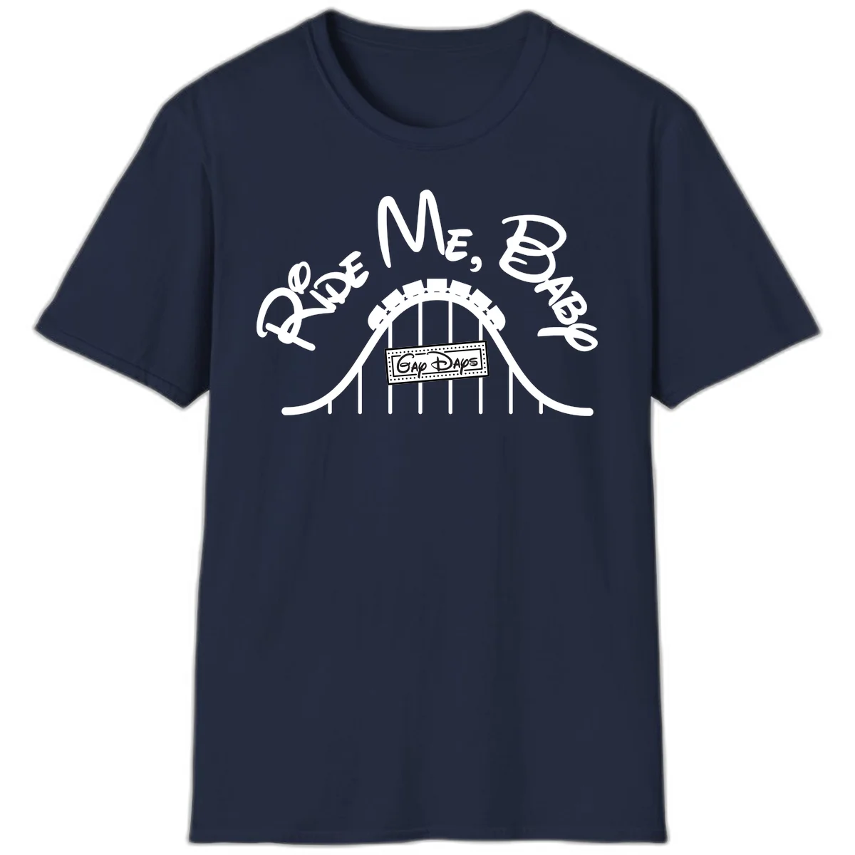Nautical ship wheel design with 'Once More Into The Gap Days' text and wavy water elements for adventure-themed apparel in Navy