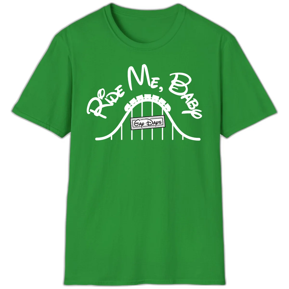 Nautical ship wheel design with 'Once More Into The Gap Days' text and wavy water elements for adventure-themed apparel in Irish Green