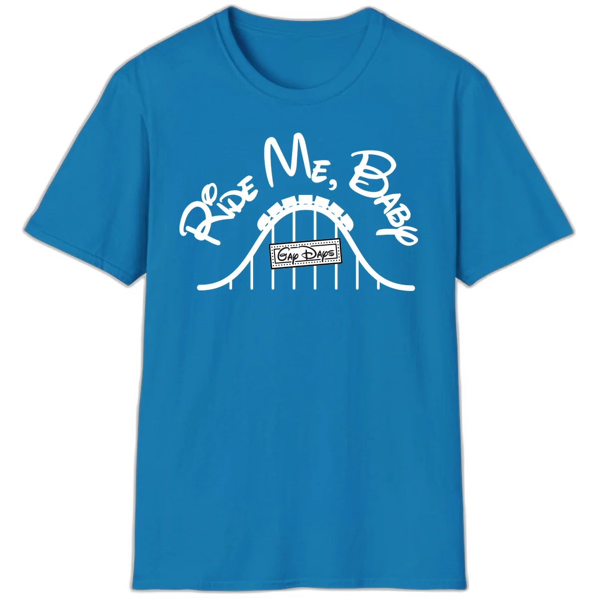 Nautical ship wheel design with 'Once More Into The Gap Days' text and wavy water elements for adventure-themed apparel in Sapphire