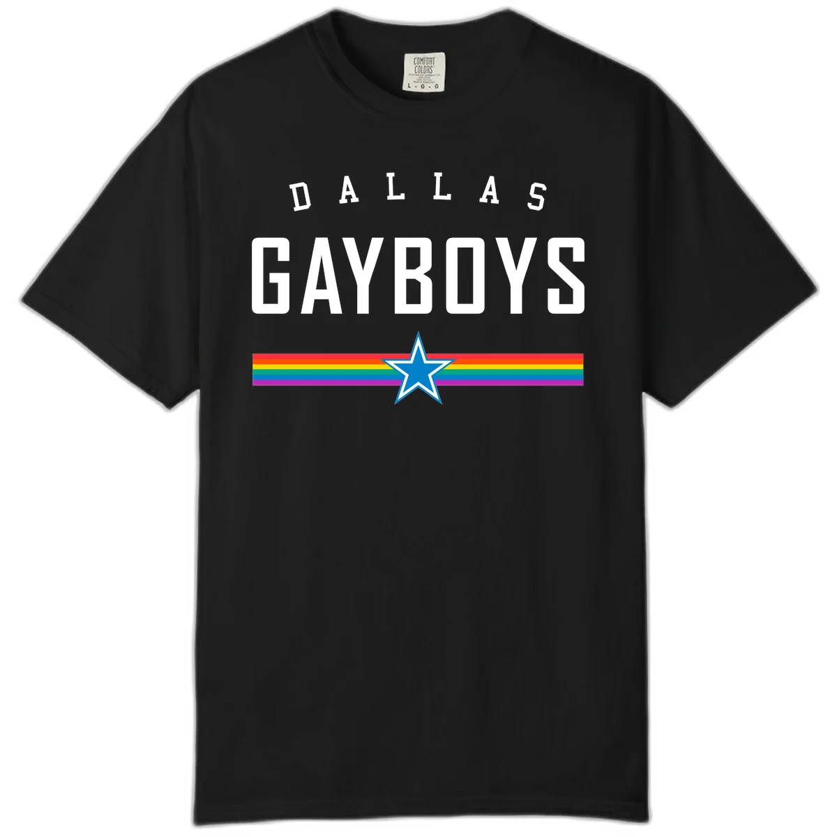 Dallas Garboys pride design with white text, blue star, and horizontal rainbow stripes on gray background in Black