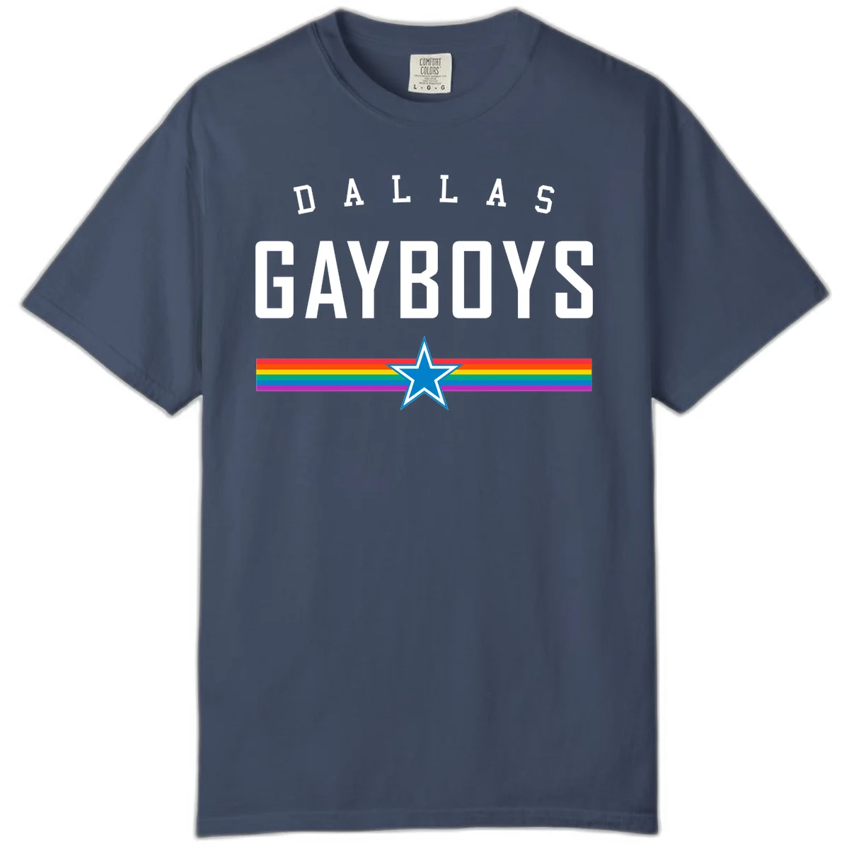 Dallas Garboys pride design with white text, blue star, and horizontal rainbow stripes on gray background in Midnight