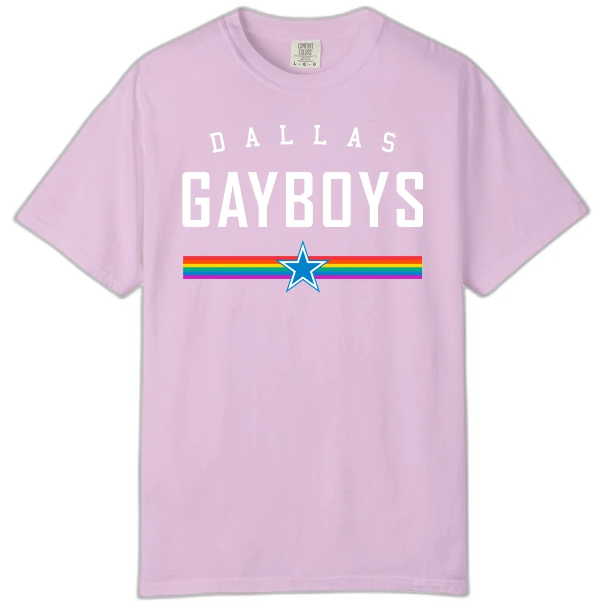 Dallas Garboys pride design with white text, blue star, and horizontal rainbow stripes on gray background in Orchid