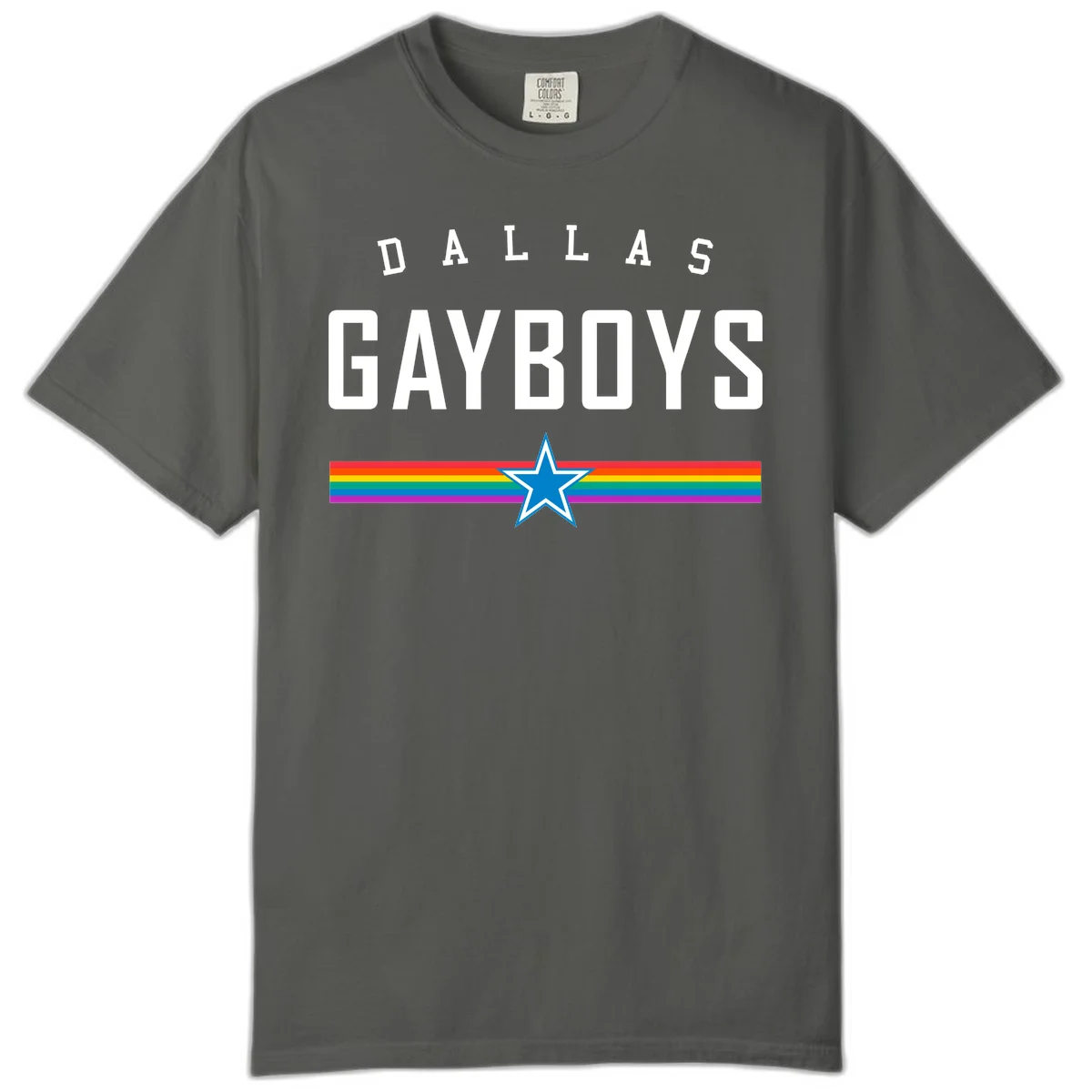 Dallas Garboys pride design with white text, blue star, and horizontal rainbow stripes on gray background in Pepper