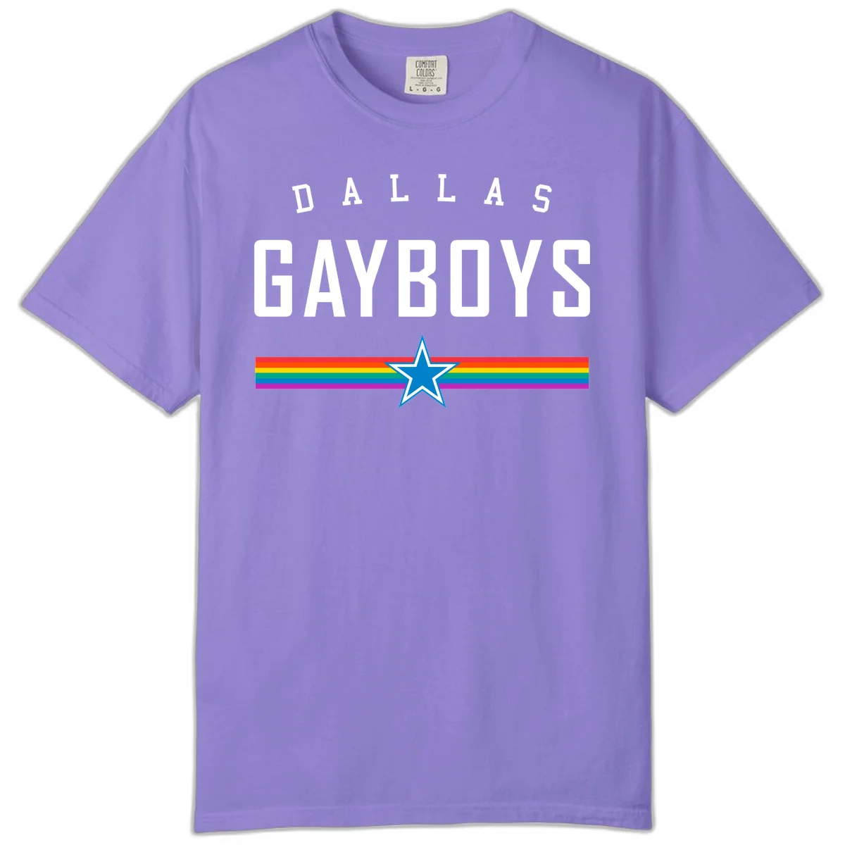 Dallas Garboys pride design with white text, blue star, and horizontal rainbow stripes on gray background in Violet