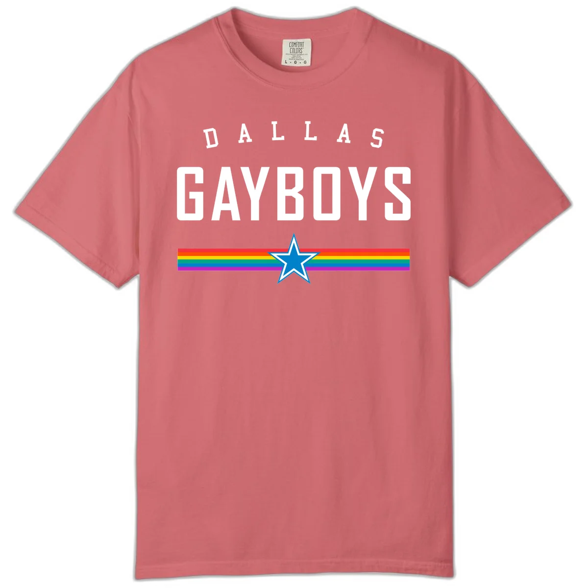 Dallas Garboys pride design with white text, blue star, and horizontal rainbow stripes on gray background in Watermelon