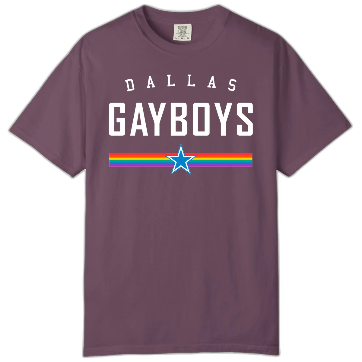 Dallas Garboys pride design with white text, blue star, and horizontal rainbow stripes on gray background in Berry