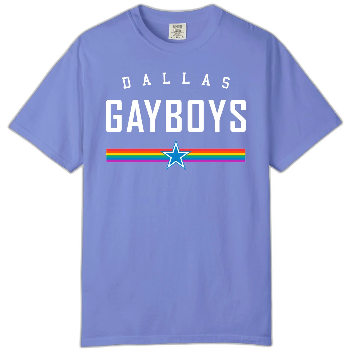 Dallas Garboys pride design with white text, blue star, and horizontal rainbow stripes on gray background in Flo Blue