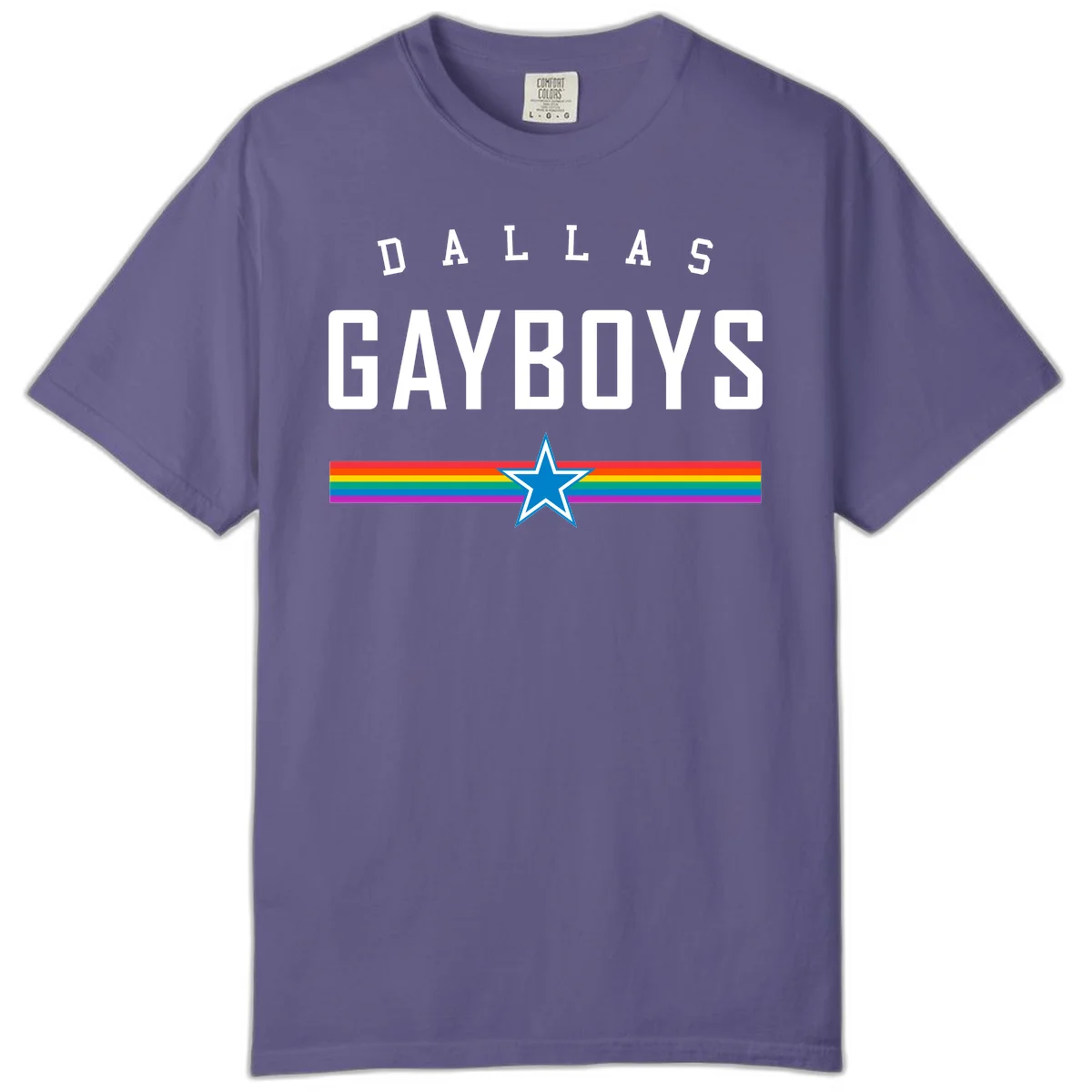 Dallas Garboys pride design with white text, blue star, and horizontal rainbow stripes on gray background in Grape