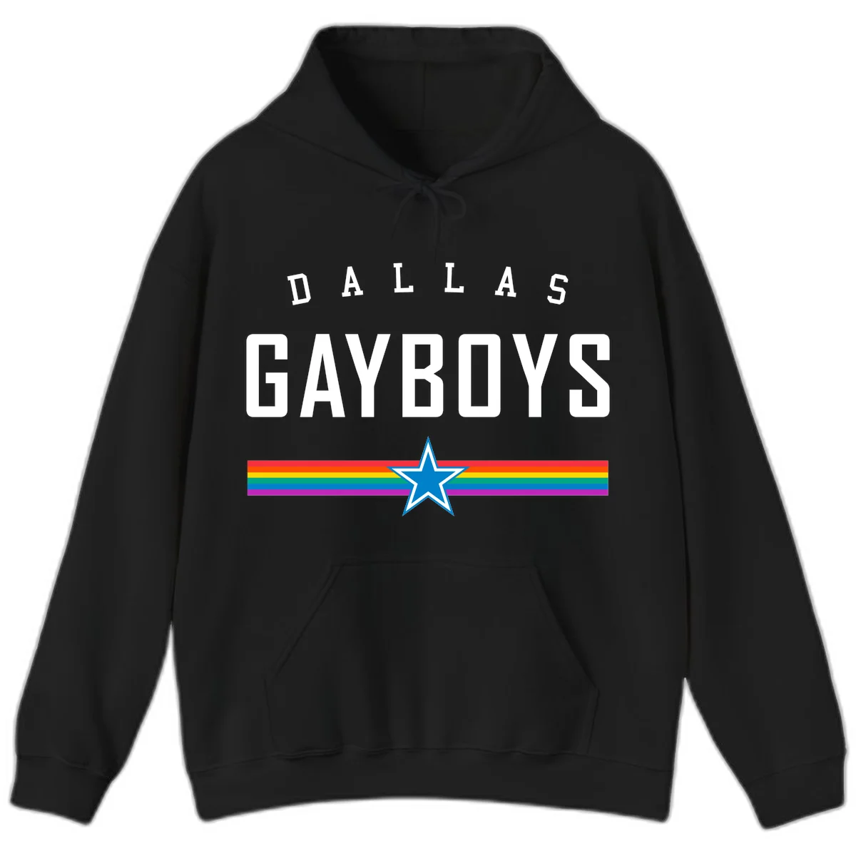 Dallas Garboys pride design with white text, blue star, and horizontal rainbow stripes on gray background in Black