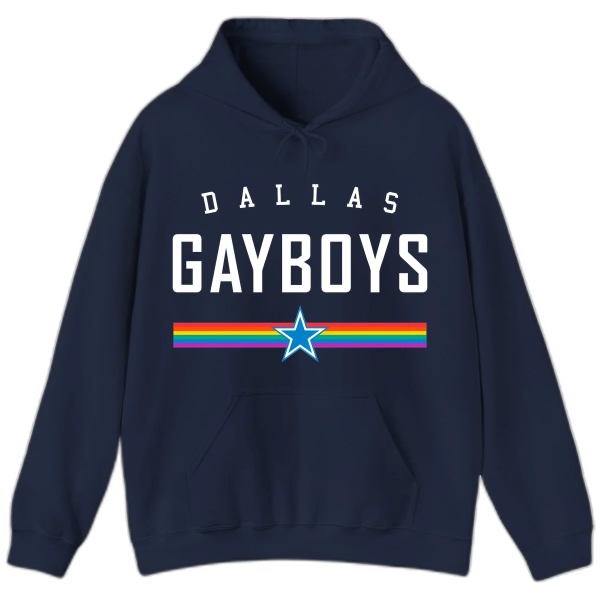 Dallas Garboys pride design with white text, blue star, and horizontal rainbow stripes on gray background in Navy