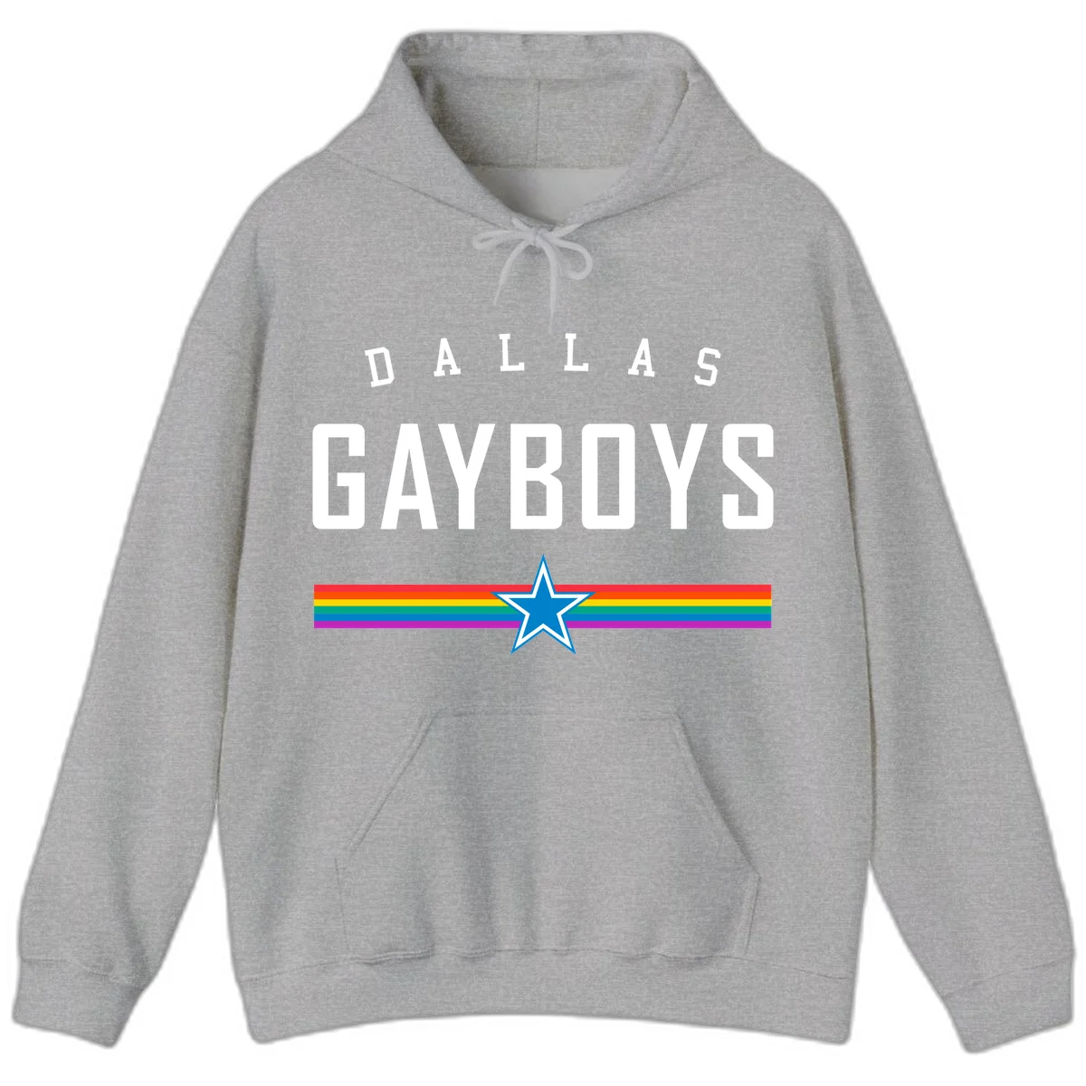 Dallas Garboys pride design with white text, blue star, and horizontal rainbow stripes on gray background in Sport Grey