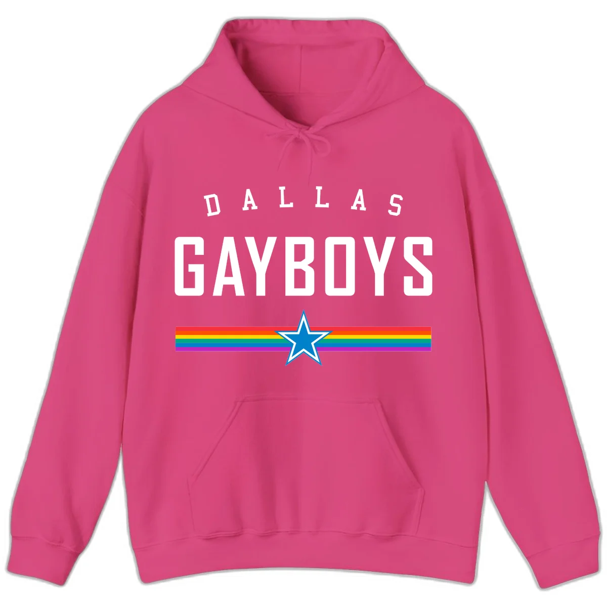 Dallas Garboys pride design with white text, blue star, and horizontal rainbow stripes on gray background in Heliconia