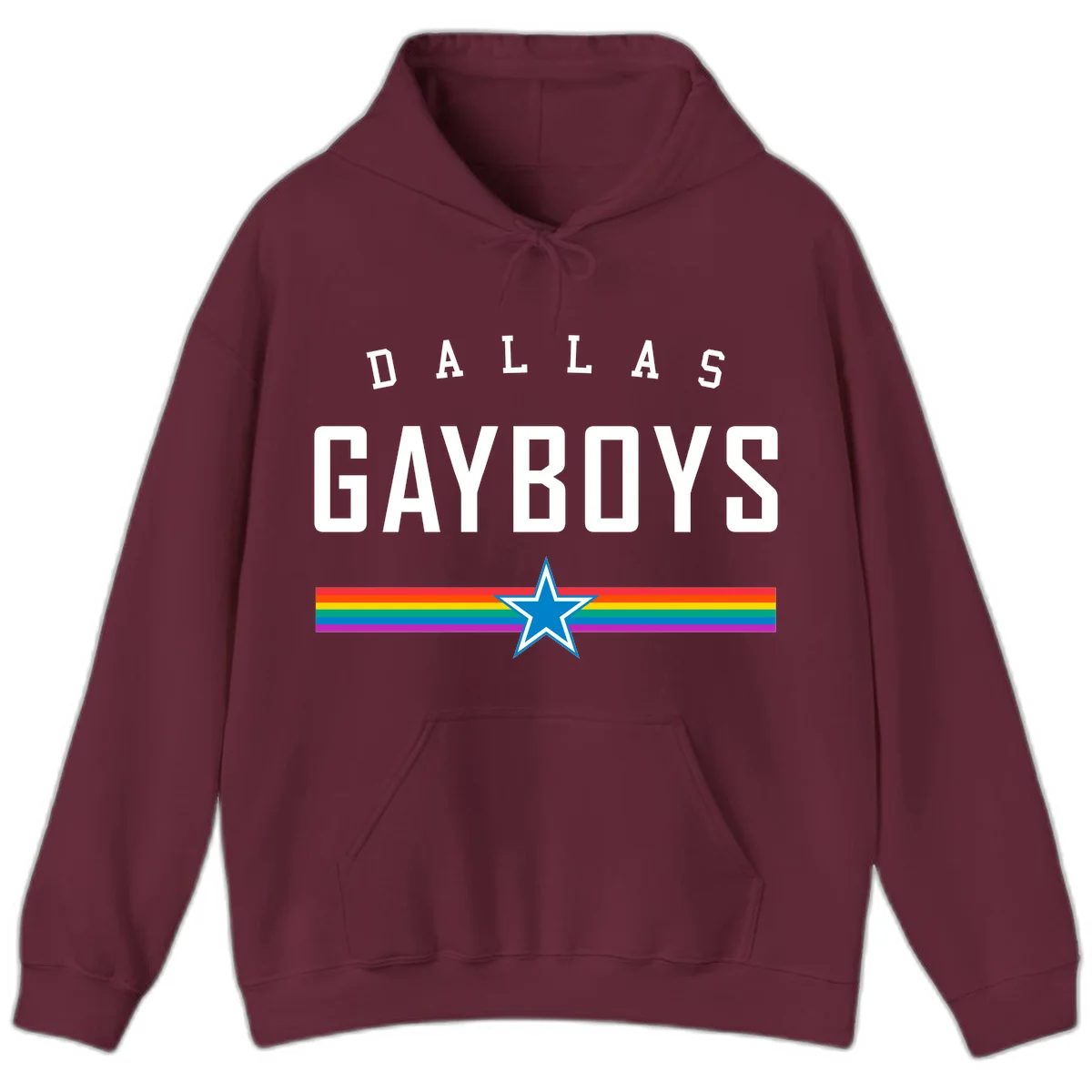 Dallas Garboys pride design with white text, blue star, and horizontal rainbow stripes on gray background in Maroon
