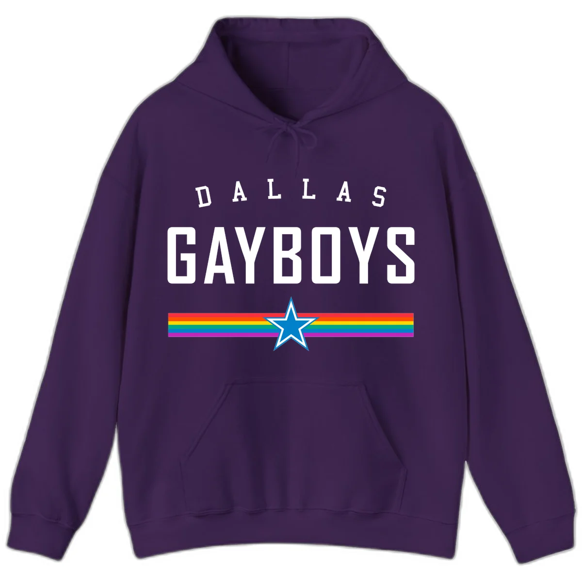 Dallas Garboys pride design with white text, blue star, and horizontal rainbow stripes on gray background in Purple