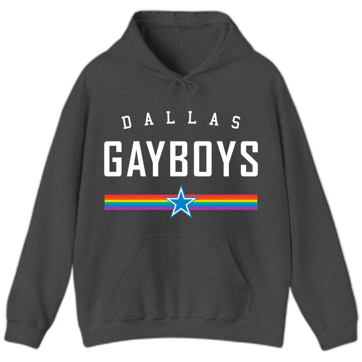 Dallas Garboys pride design with white text, blue star, and horizontal rainbow stripes on gray background in Dark Heather