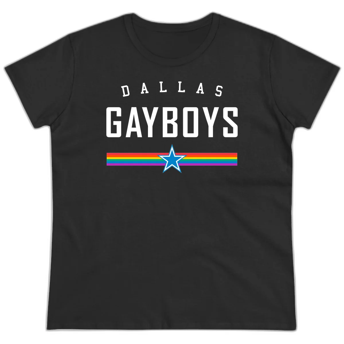 Dallas Garboys pride design with white text, blue star, and horizontal rainbow stripes on gray background in Black