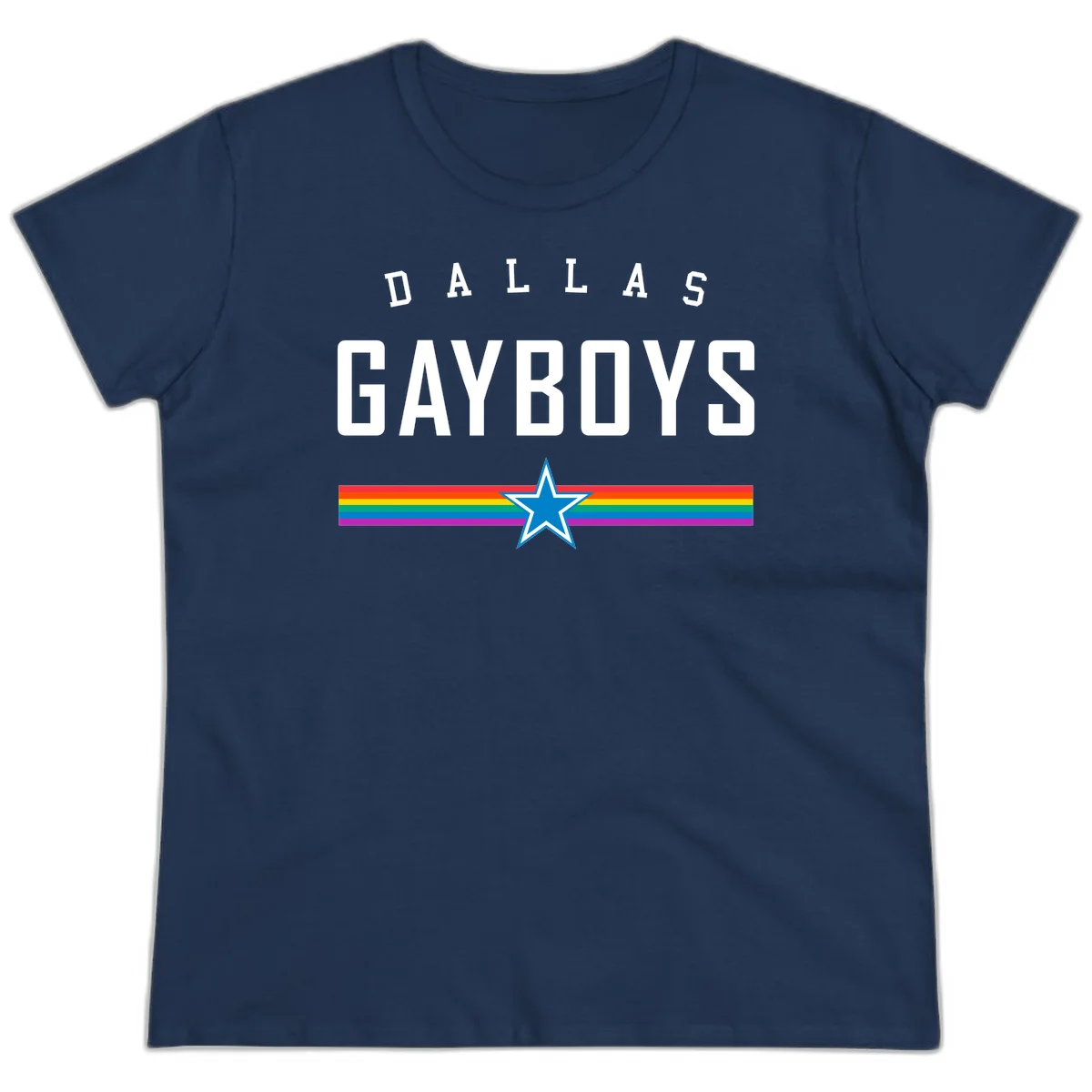 Dallas Garboys pride design with white text, blue star, and horizontal rainbow stripes on gray background in Navy