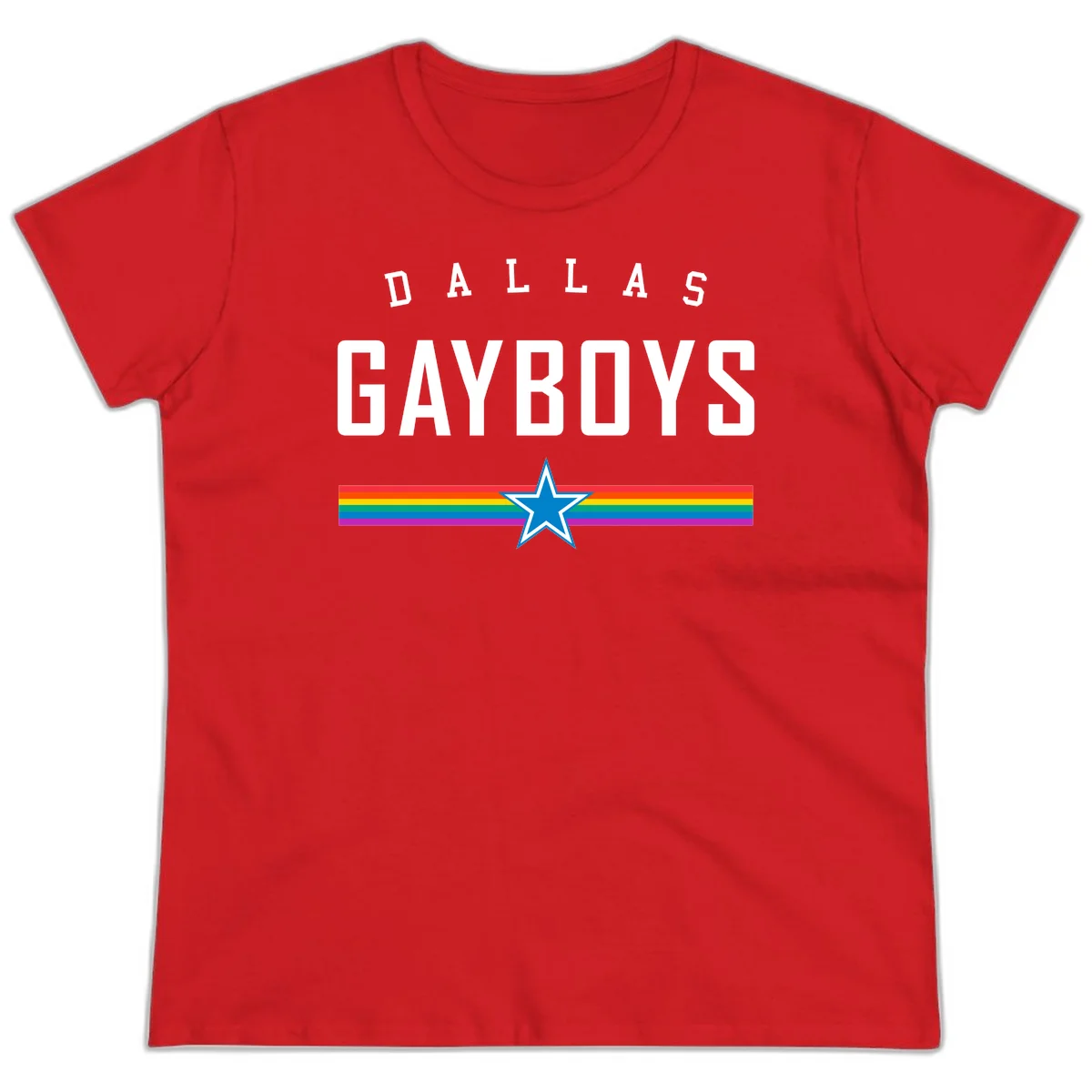 Dallas Garboys pride design with white text, blue star, and horizontal rainbow stripes on gray background in Red