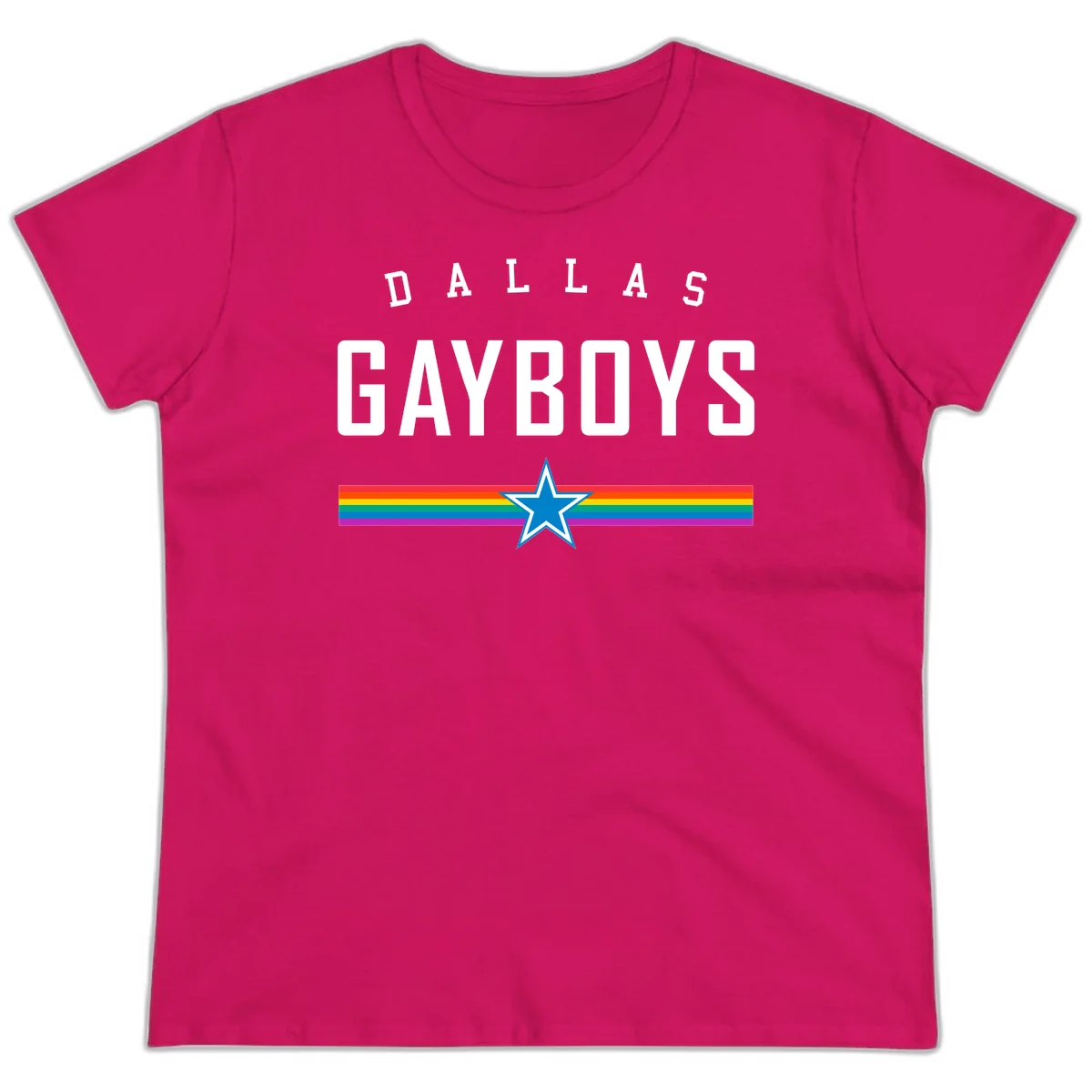 Dallas Garboys pride design with white text, blue star, and horizontal rainbow stripes on gray background in Heliconia