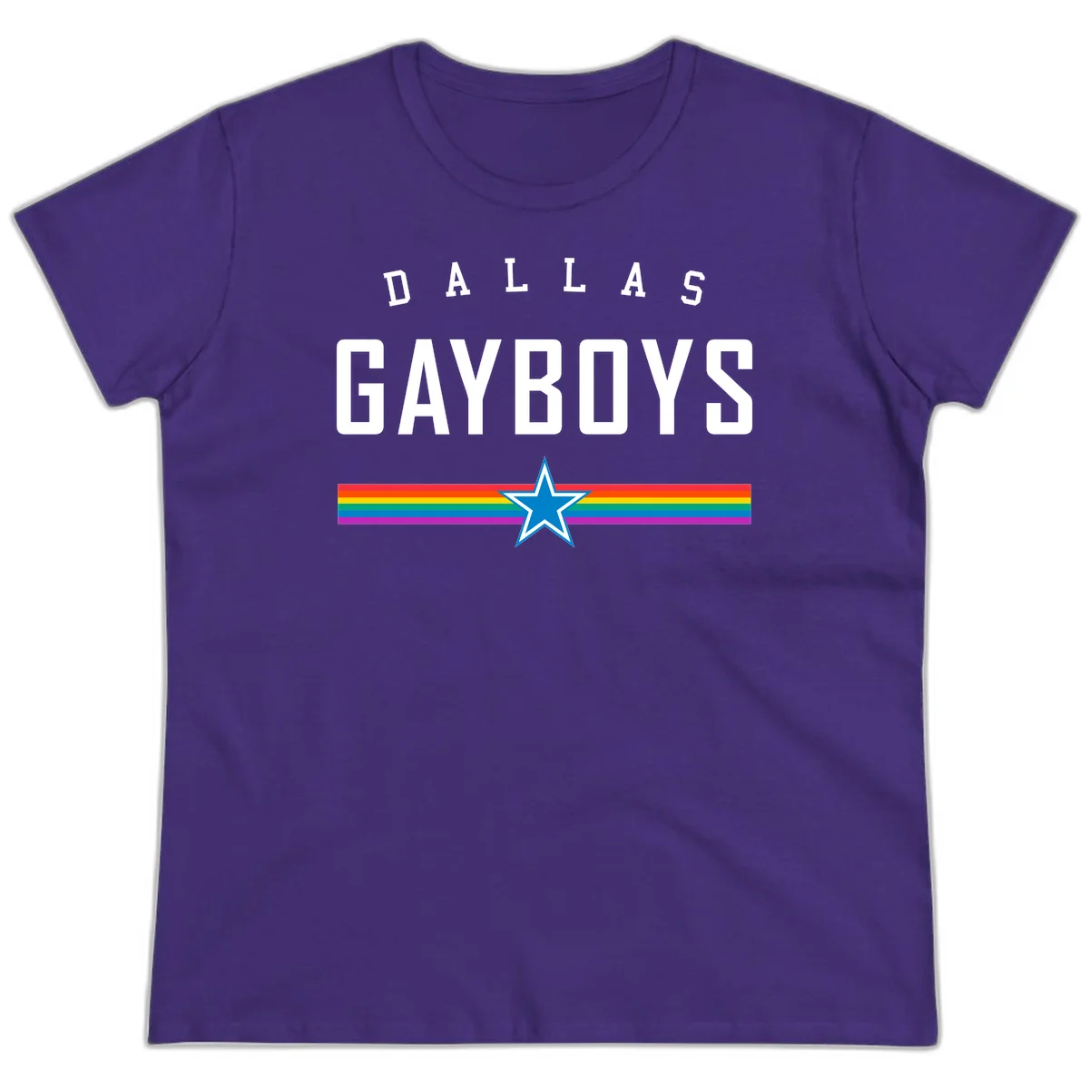 Dallas Garboys pride design with white text, blue star, and horizontal rainbow stripes on gray background in Purple