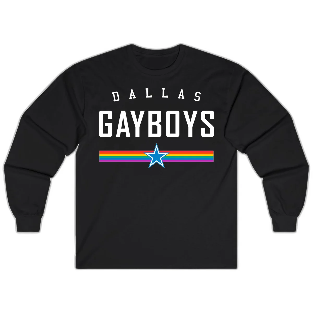 Dallas Garboys pride design with white text, blue star, and horizontal rainbow stripes on gray background in Black