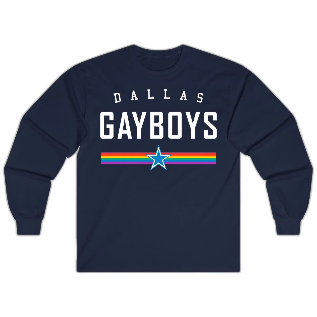 Dallas Garboys pride design with white text, blue star, and horizontal rainbow stripes on gray background in Navy