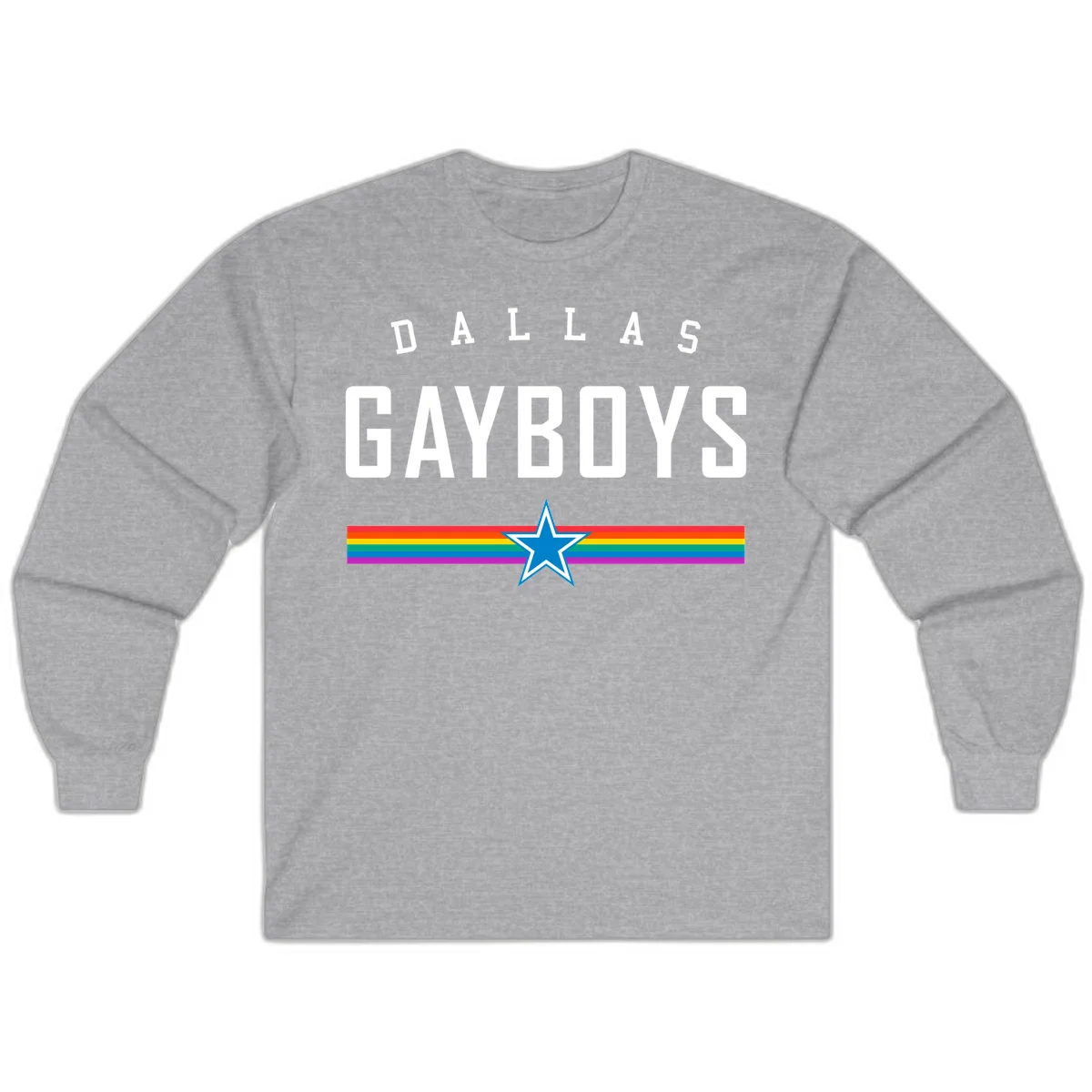 Dallas Garboys pride design with white text, blue star, and horizontal rainbow stripes on gray background in Sport Grey