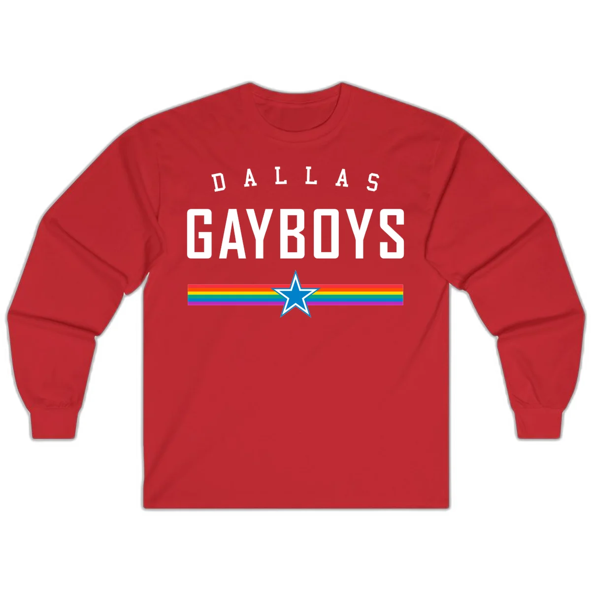 Dallas Garboys pride design with white text, blue star, and horizontal rainbow stripes on gray background in Red