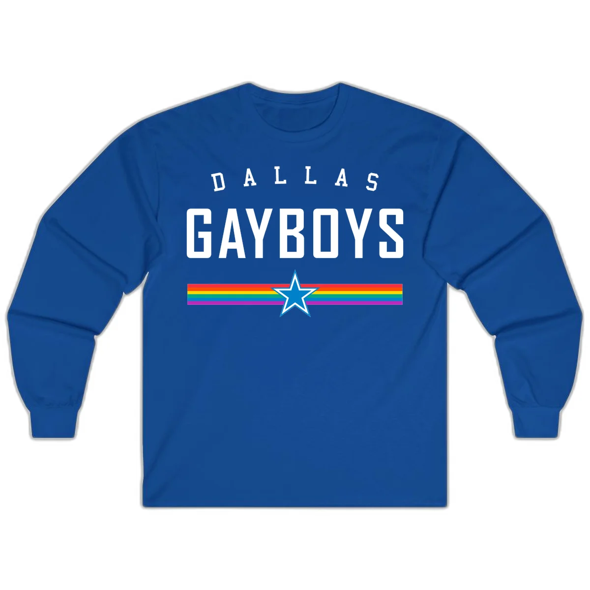 Dallas Garboys pride design with white text, blue star, and horizontal rainbow stripes on gray background in Royal