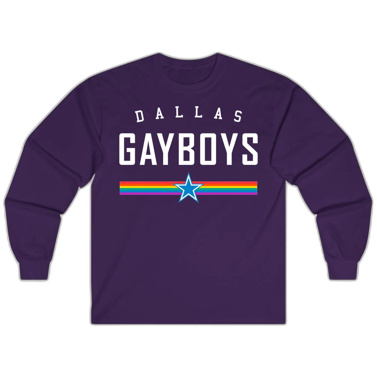 Dallas Garboys pride design with white text, blue star, and horizontal rainbow stripes on gray background in Purple