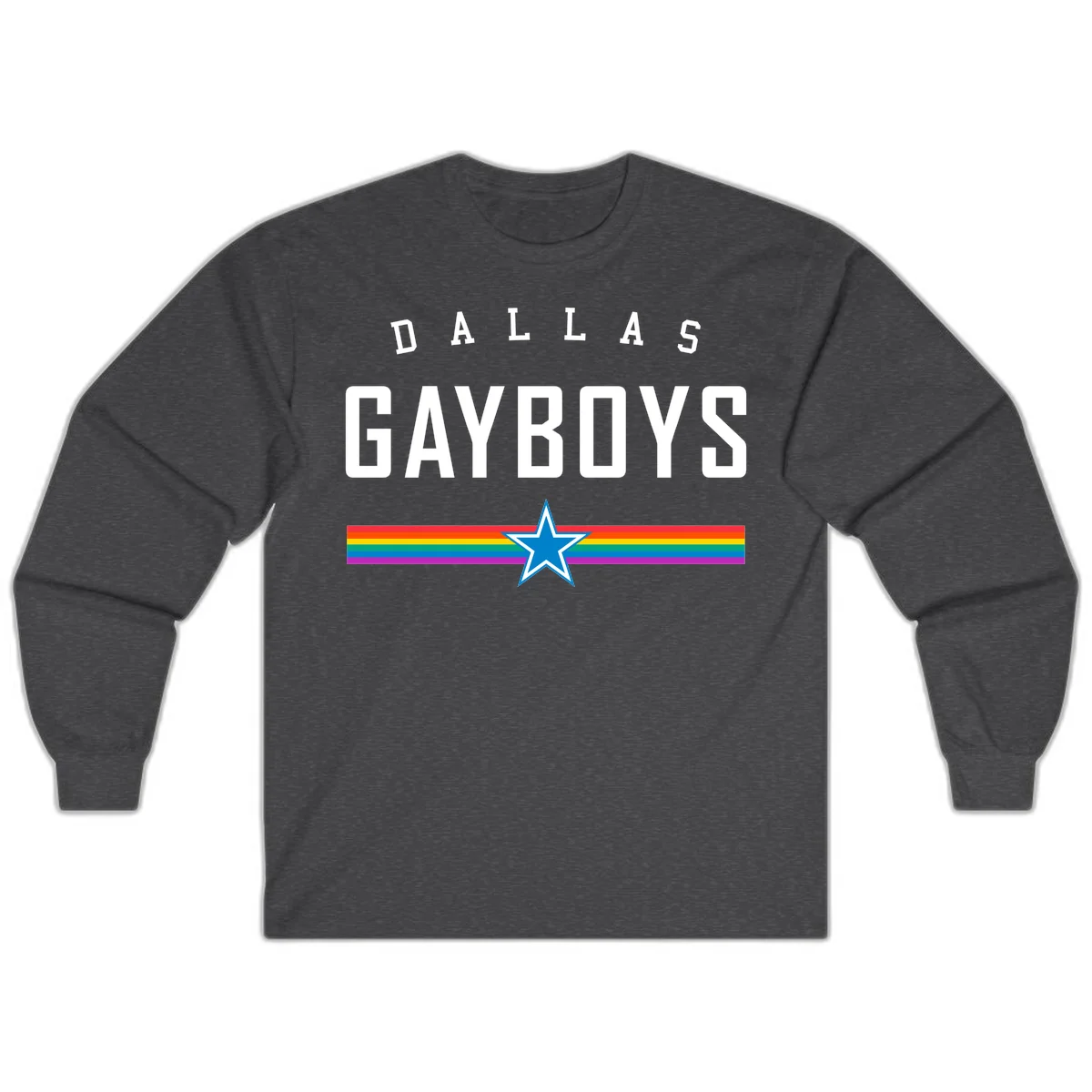 Dallas Garboys pride design with white text, blue star, and horizontal rainbow stripes on gray background in Dark Heather