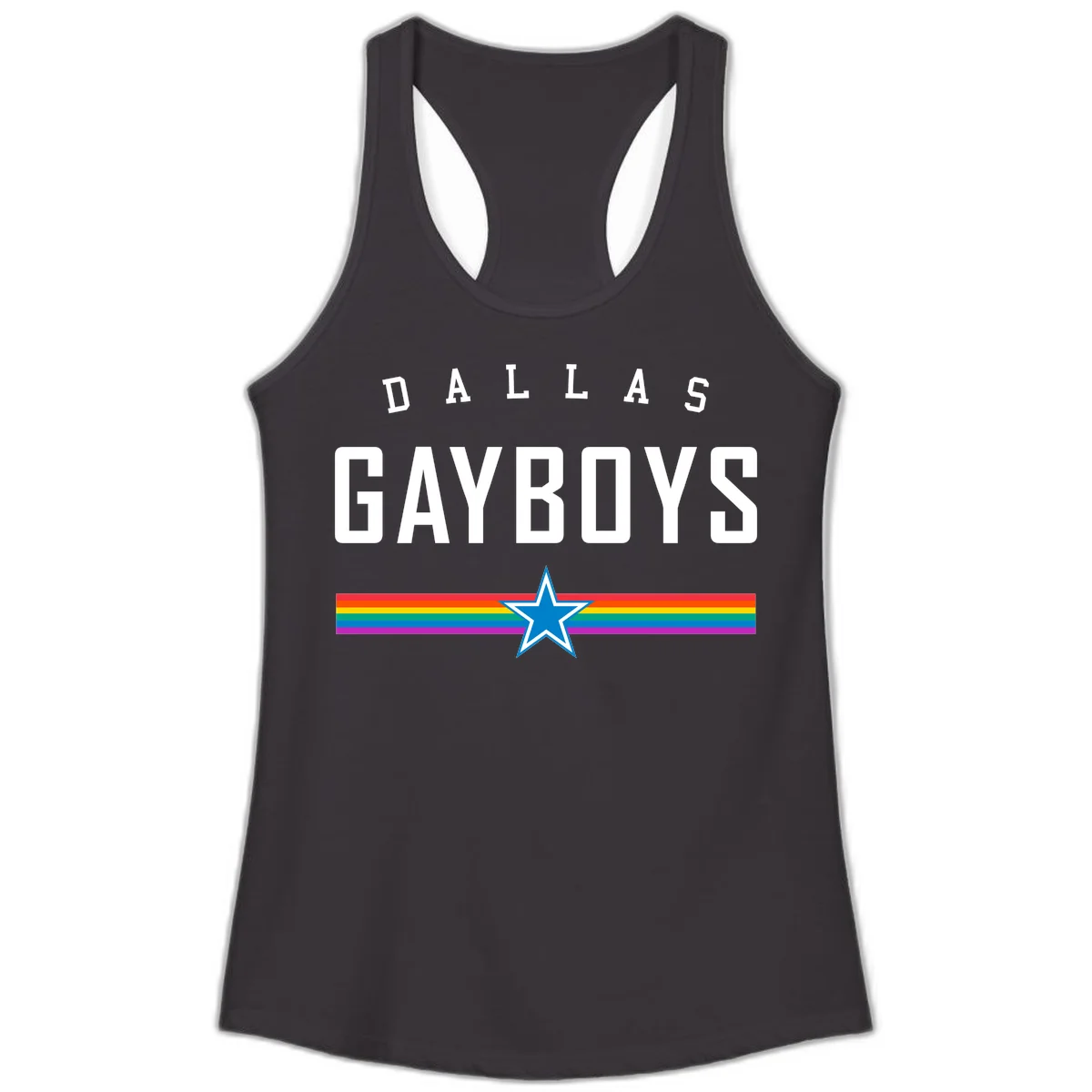 Dallas Garboys pride design with white text, blue star, and horizontal rainbow stripes on gray background in Black