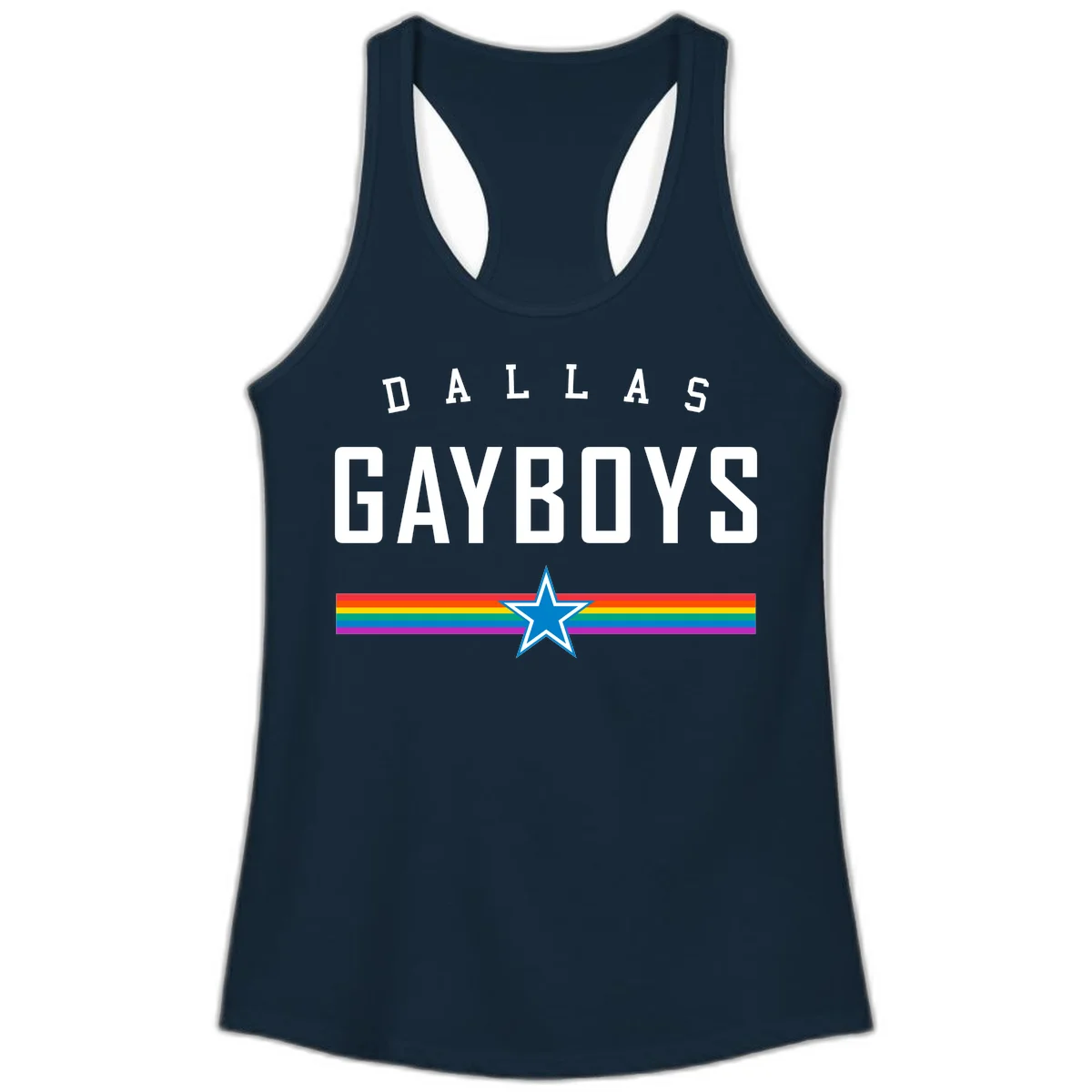 Dallas Garboys pride design with white text, blue star, and horizontal rainbow stripes on gray background in Solid Midnight Navy