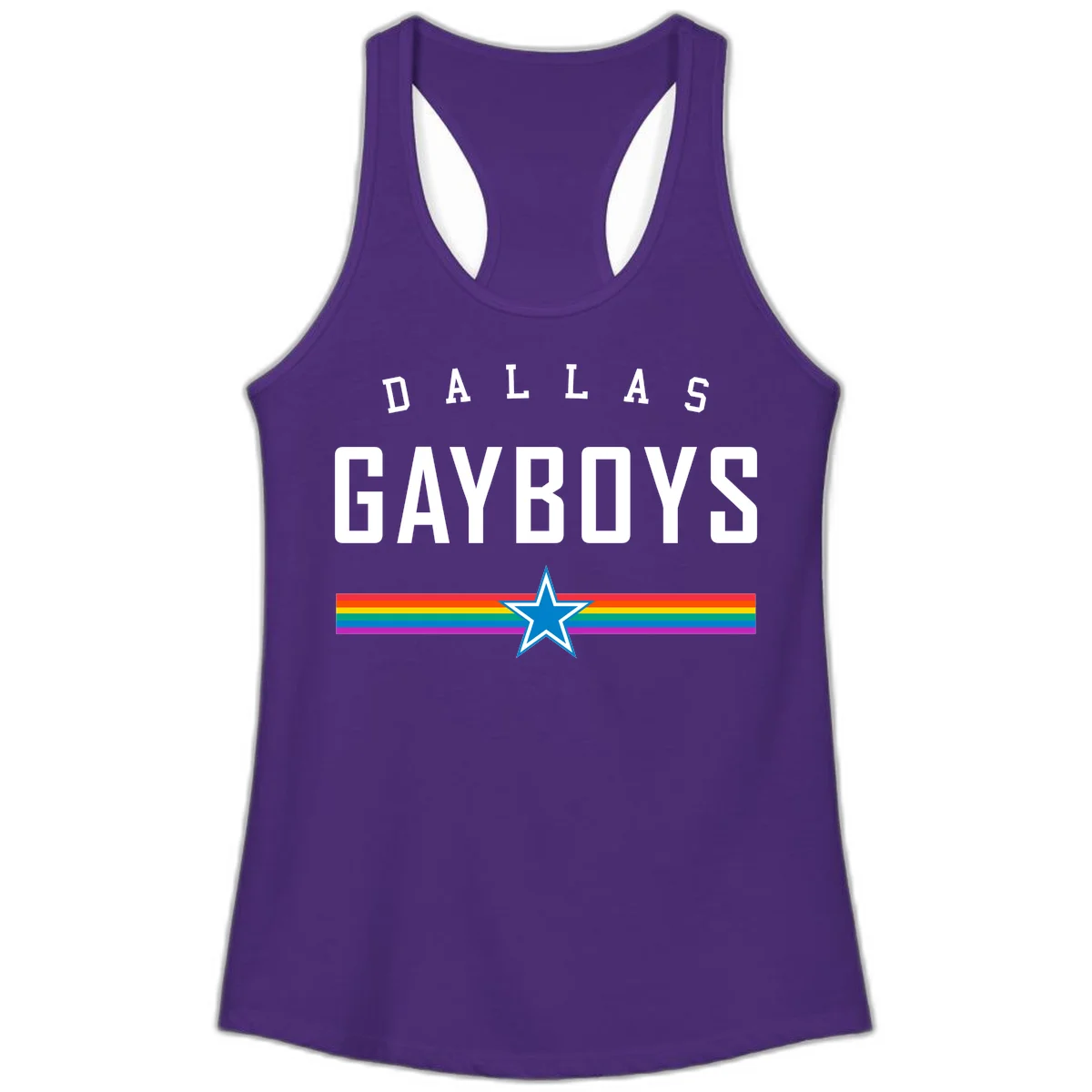 Dallas Garboys pride design with white text, blue star, and horizontal rainbow stripes on gray background in Solid Purple Rush