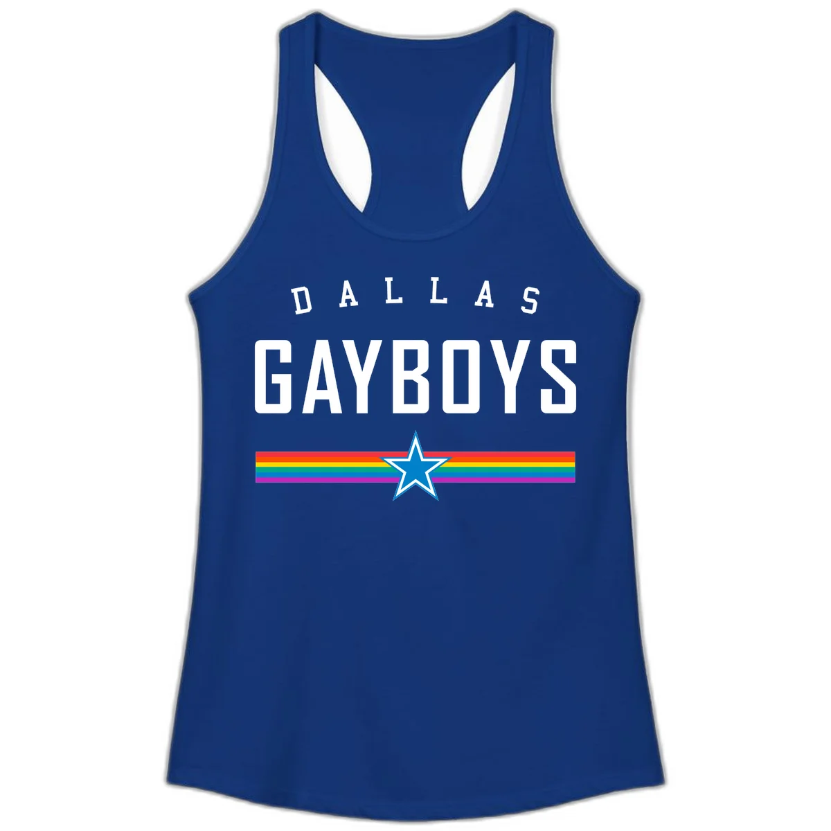 Dallas Garboys pride design with white text, blue star, and horizontal rainbow stripes on gray background in Solid Royal