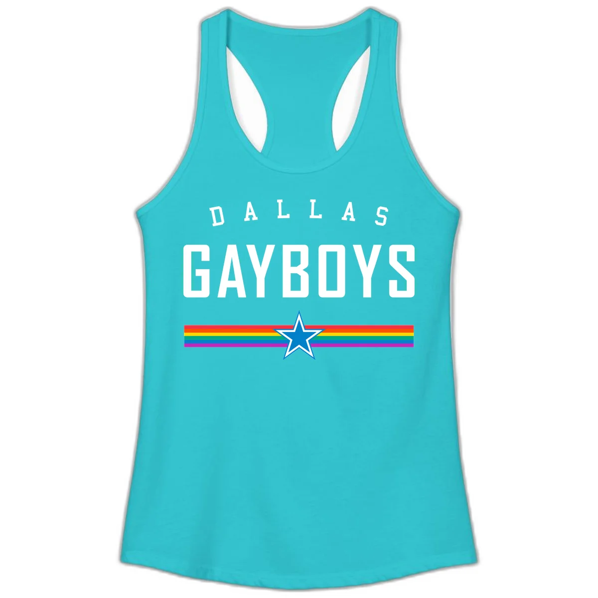 Dallas Garboys pride design with white text, blue star, and horizontal rainbow stripes on gray background in Solid Tahiti Blue