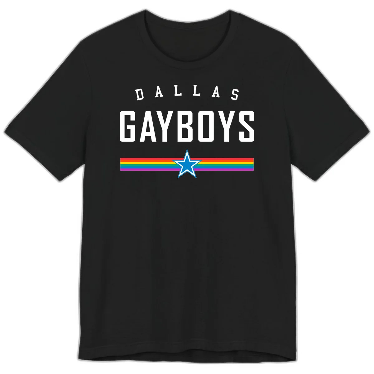 Dallas Garboys pride design with white text, blue star, and horizontal rainbow stripes on gray background in Black