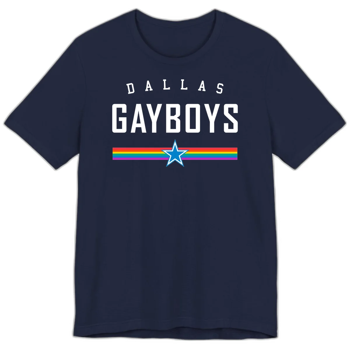 Dallas Garboys pride design with white text, blue star, and horizontal rainbow stripes on gray background in Navy