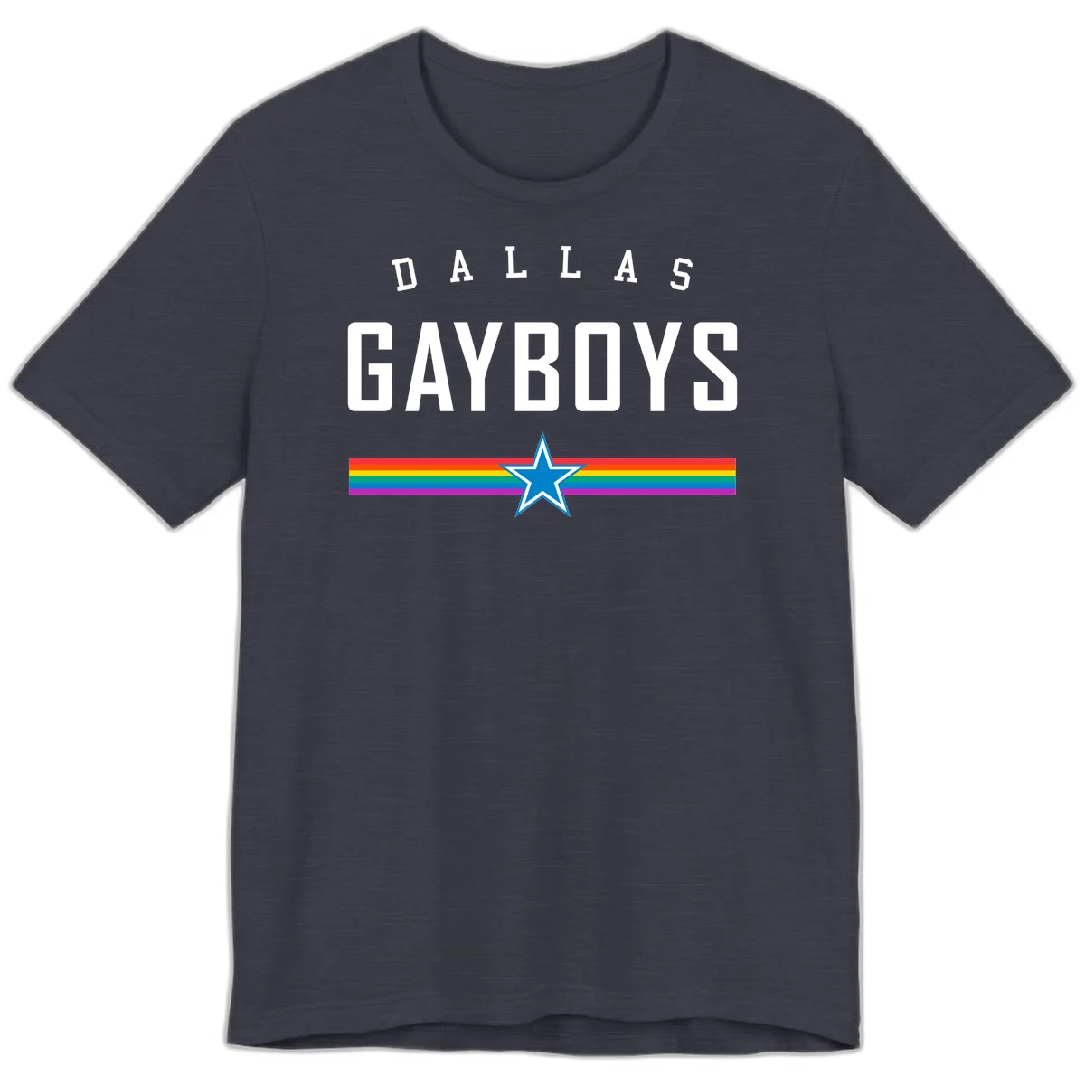 Dallas Garboys pride design with white text, blue star, and horizontal rainbow stripes on gray background in Heather Midnight Navy