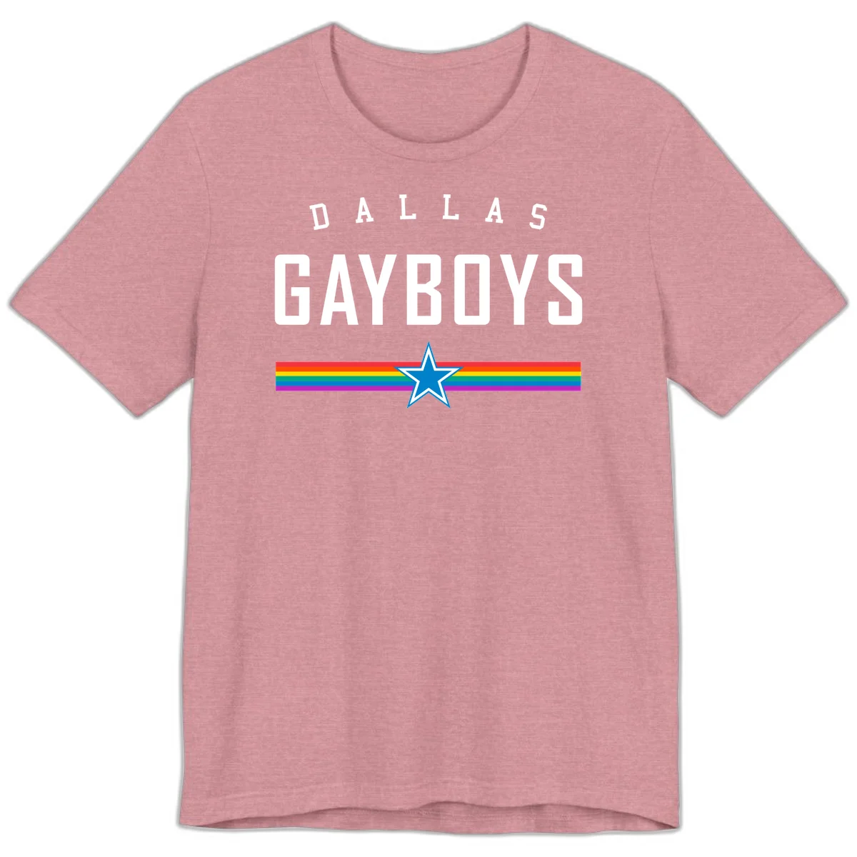 Dallas Garboys pride design with white text, blue star, and horizontal rainbow stripes on gray background in Heather Orchid