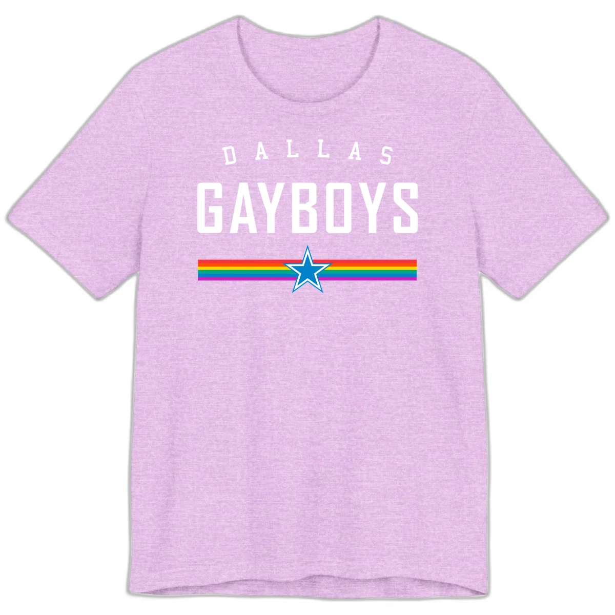 Dallas Garboys pride design with white text, blue star, and horizontal rainbow stripes on gray background in Heather Prism Lilac