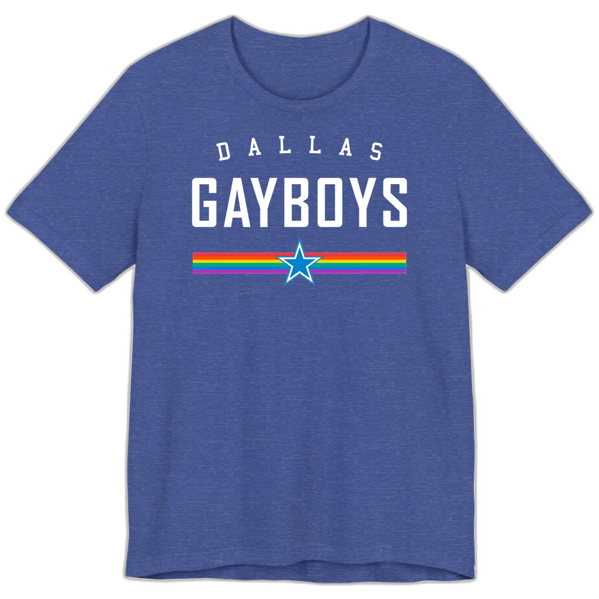 Dallas Garboys pride design with white text, blue star, and horizontal rainbow stripes on gray background in Heather True Royal