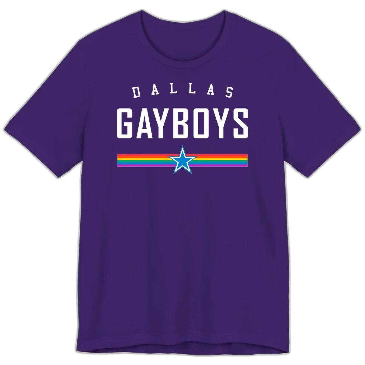 Dallas Garboys pride design with white text, blue star, and horizontal rainbow stripes on gray background in Team Purple